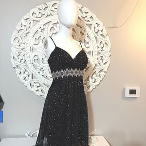 VTG Taboo Black Sequin Sharkbite Hem Empire Waist Dress Size S Y2K